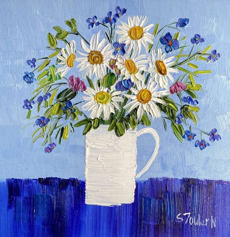 Summer Daisies on Blue SOLD - Sheila Fowler