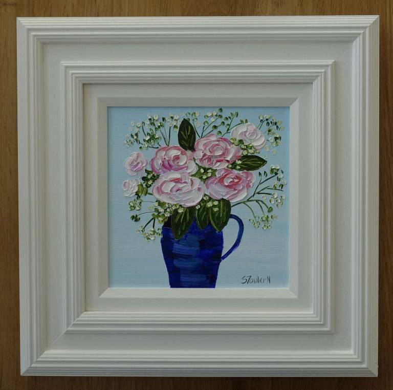 Roses in Blue Jug (click to view frame and detail) - Sheila Fowler