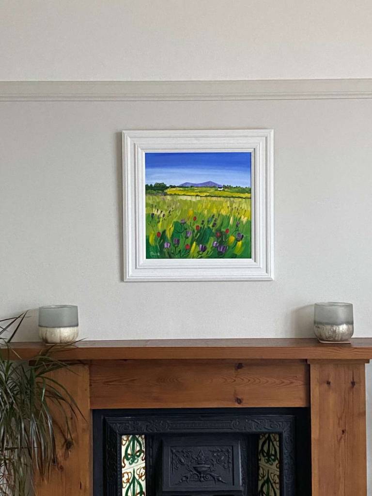 Thistles and Poppies - framed size 55 x 55cm - Sheila Fowler