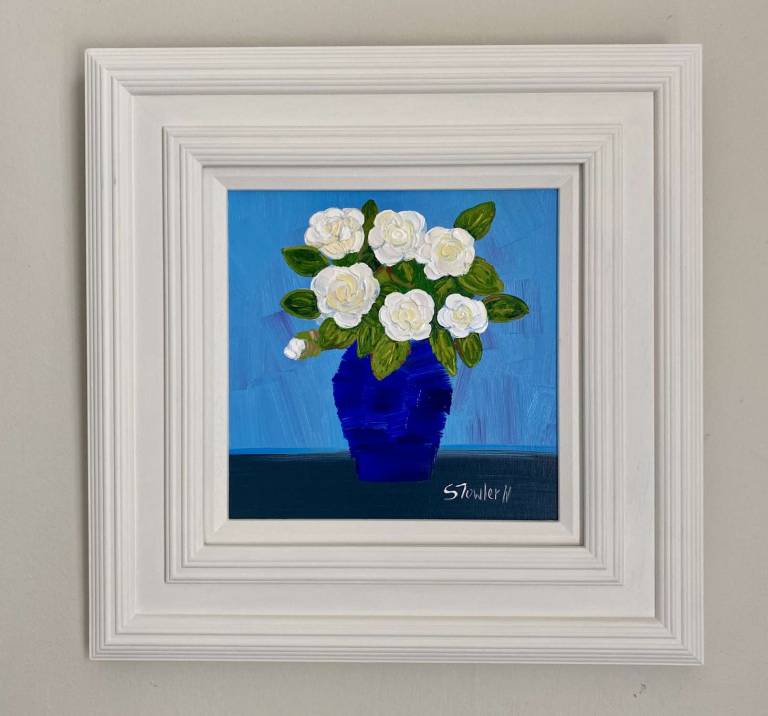 White Roses in Blue Vase - Sheila Fowler