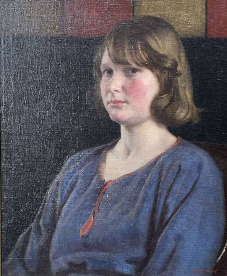Harold  Knight - Portrait of a young woman in blue dress