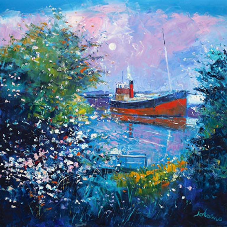 Spring Blossoms And Puffer At Ardrishaig Basin - John Lowrie Morrison OBE