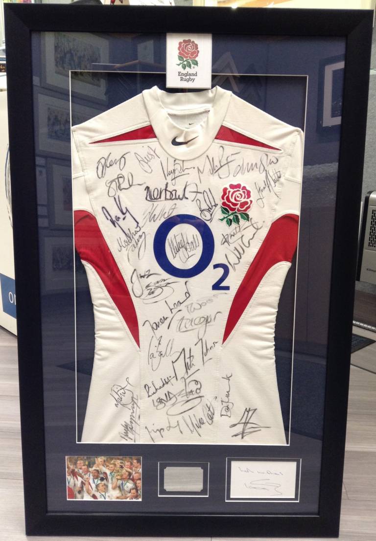 3D England Signed Rugby Shirt with Plaque & photo - Bespoke Framing