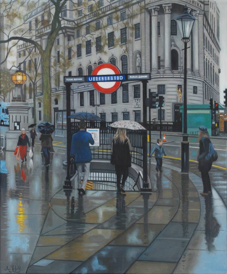 Rainy Day at the Entrance to Charing Cross Underground, Trafalgar Square SOLD - Ian Fifield