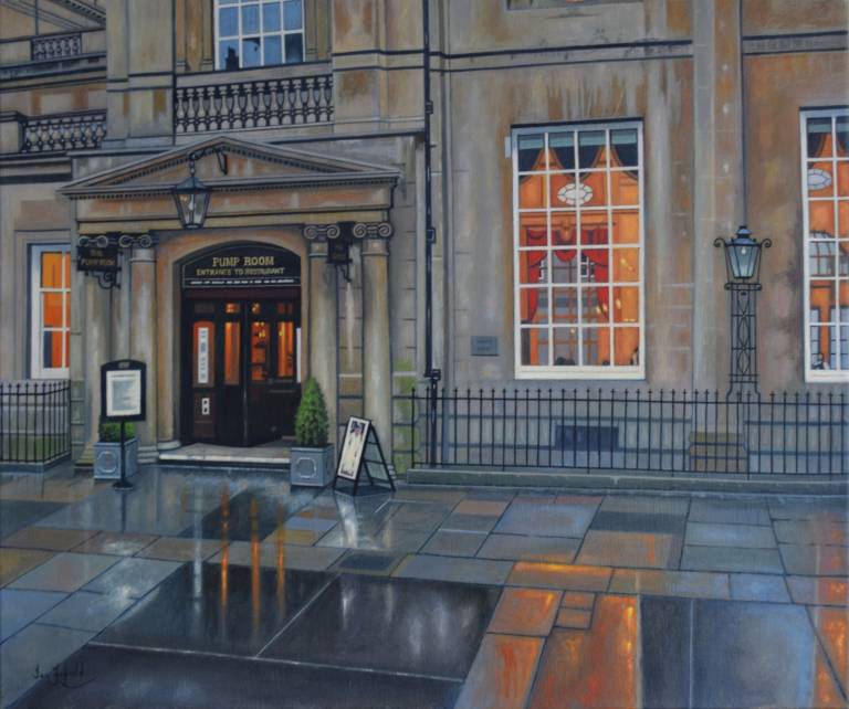 Room 7 - Rainy Day at the Pump Room Restaurant, Abbey Church Yard, Bath SOLD - Ian Fifield