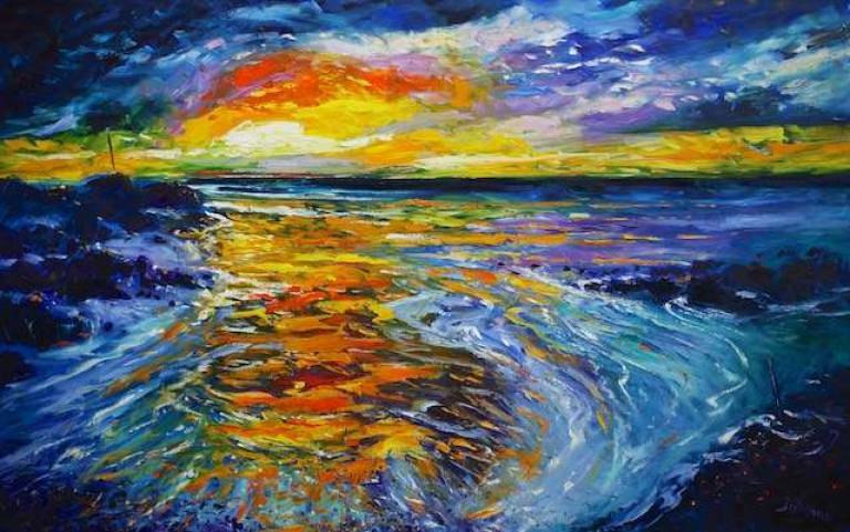 Incoming tide at sunset the Gauldrons Machrihanish Kintyre 50x80 - SOLD - John Lowrie Morrison