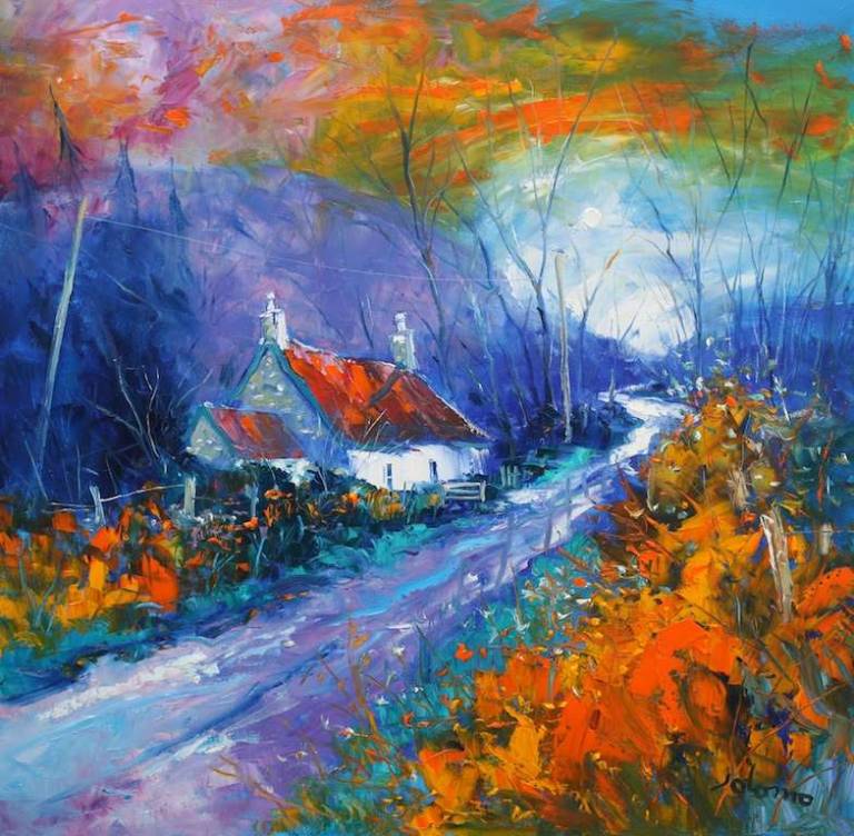A winter sunset Dunrostan Knapdale 30x30 SOLD - John Lowrie Morrison