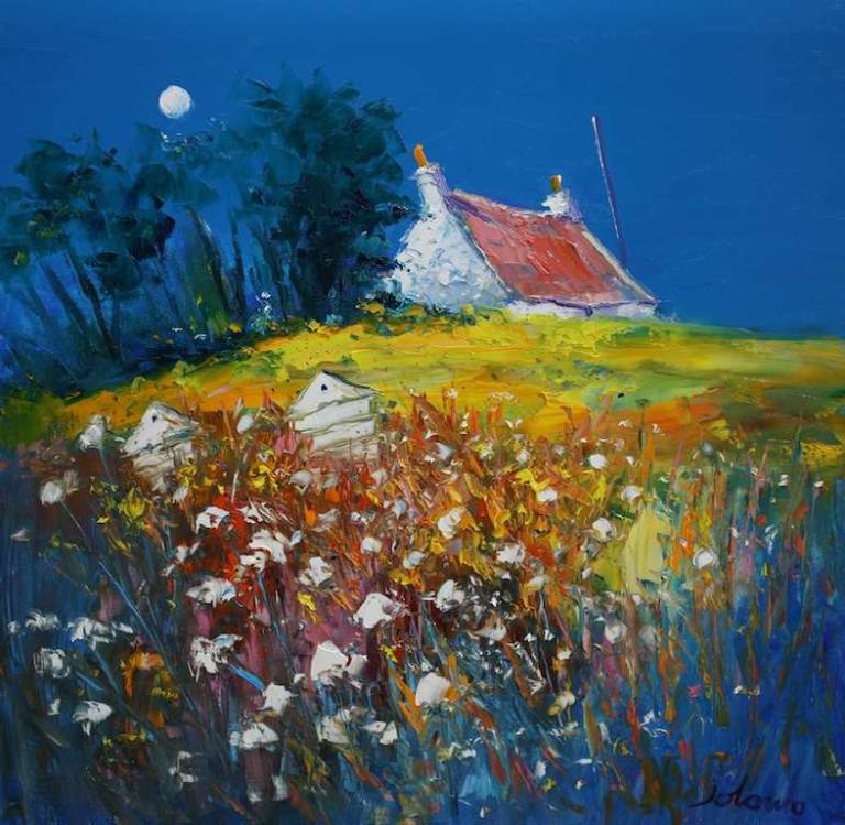 Beehives in the Moonlight Isle of Gigha 24x24 SOLD - John Lowrie Morrison