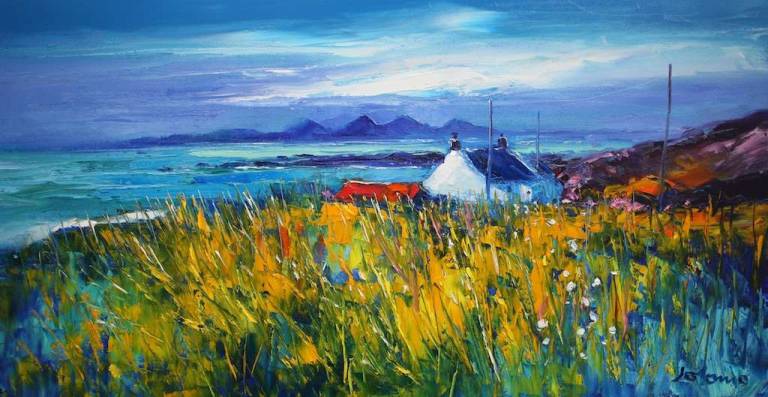 Soft Eveninglight Kintyre looking to the Paps of Jura 16x30 SOLD - John Lowrie Morrison