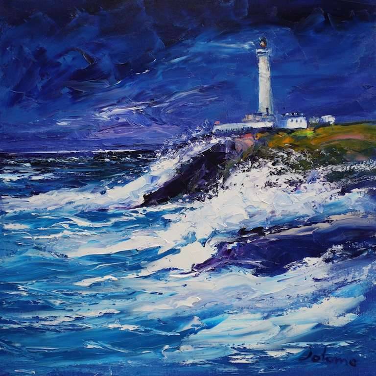 Wild day Ardnamurchan Lighthouse 20x20 - John Lowrie Morrison
