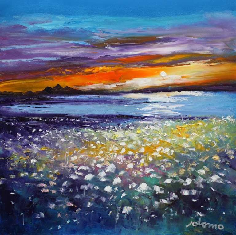 Wild flowers on Loch Sween looking to Jura 20x20 - John Lowrie Morrison