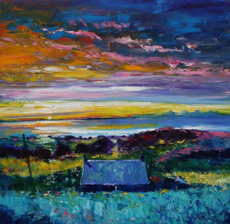 A Machrihanish Sunset looking to The Paps 30x30 - John Lowrie Morrison