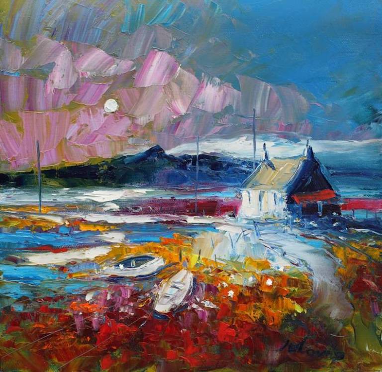 Beached Boats in the Eveninglight Benbecula 12x12 - John Lowrie Morrison