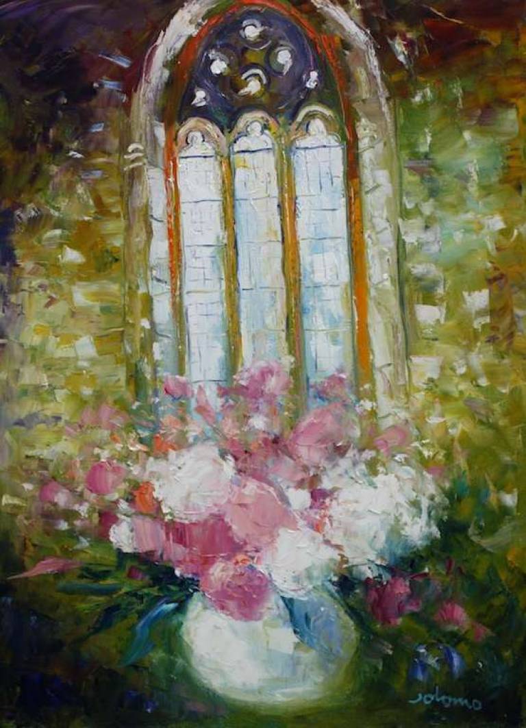 A soft morninglight Iona Abbey flowers 22x36 - John Lowrie Morrison