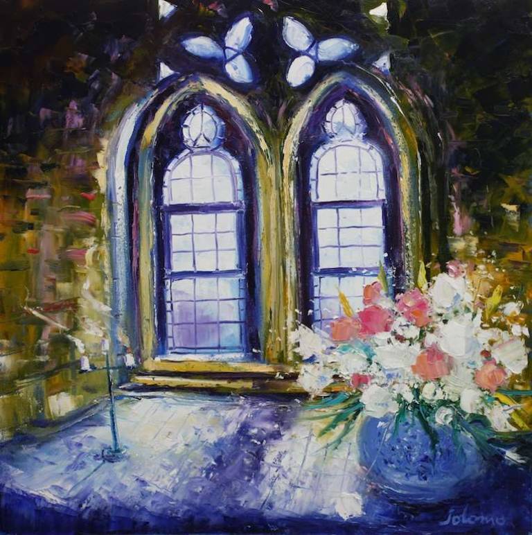 Flowers and candles in an Iona Abbey window 30x30 - John Lowrie Morrison