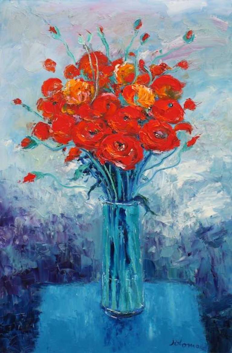 Mixed Red Ranunculus Glass Vase 24x36 - John Lowrie Morrison