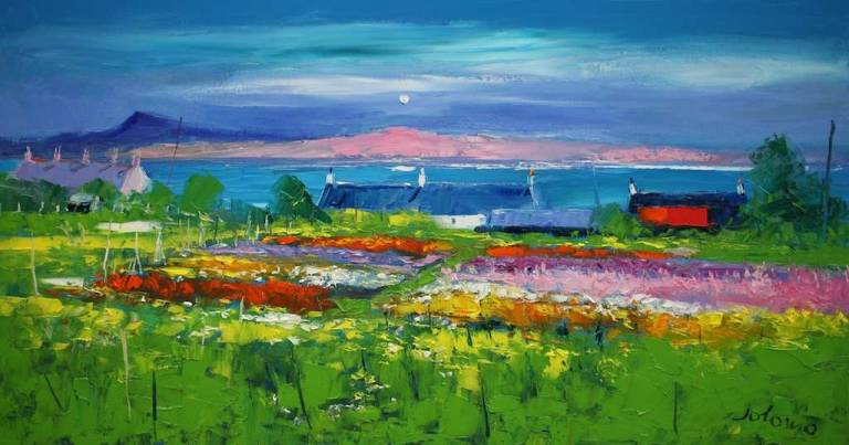Summer Eveninglight ovver the flowerbeds Iona 16x30 - John Lowrie Morrison