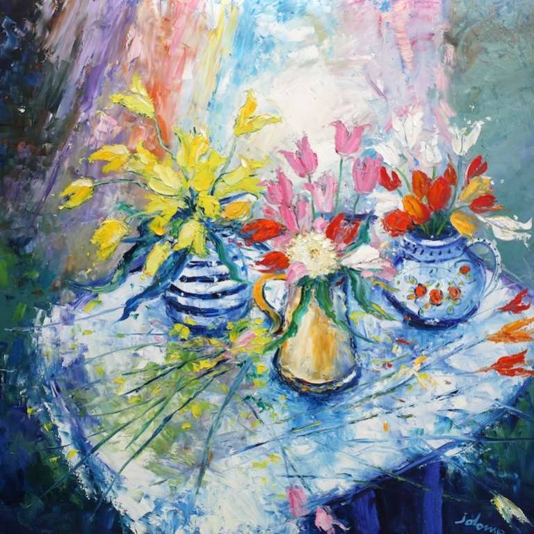 Morninglight on jugs of tulips 48x48 - John Lowrie Morrison