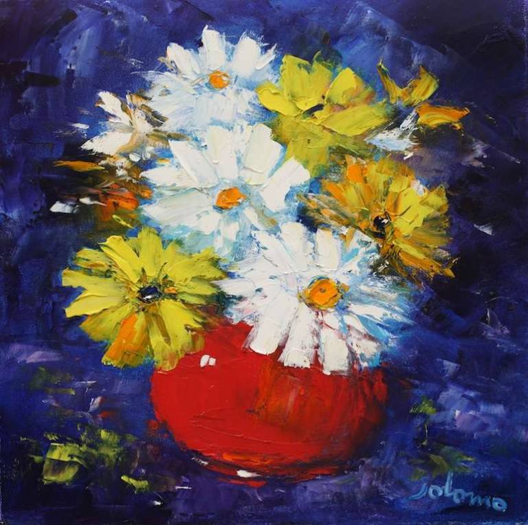 A Red Bowl of Big Daisies 6x6 - John Lowrie Morrison