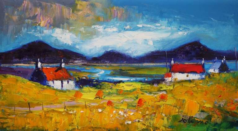 A South Uist Croftscape Looking to Ben Kenneth 10x18 - John Lowrie Morrison