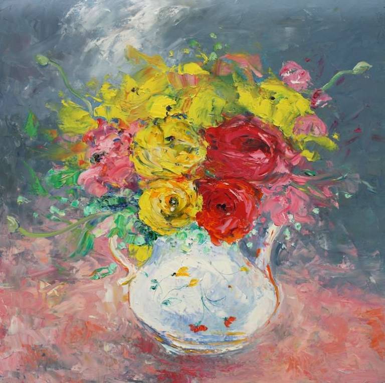 A Teapot of Ranunculus and Roses 24x24 - John Lowrie Morrison