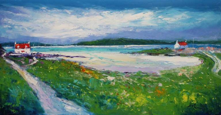 A Barra Croftscape incoming tide Barra Airport 16x30 - John Lowrie Morrison