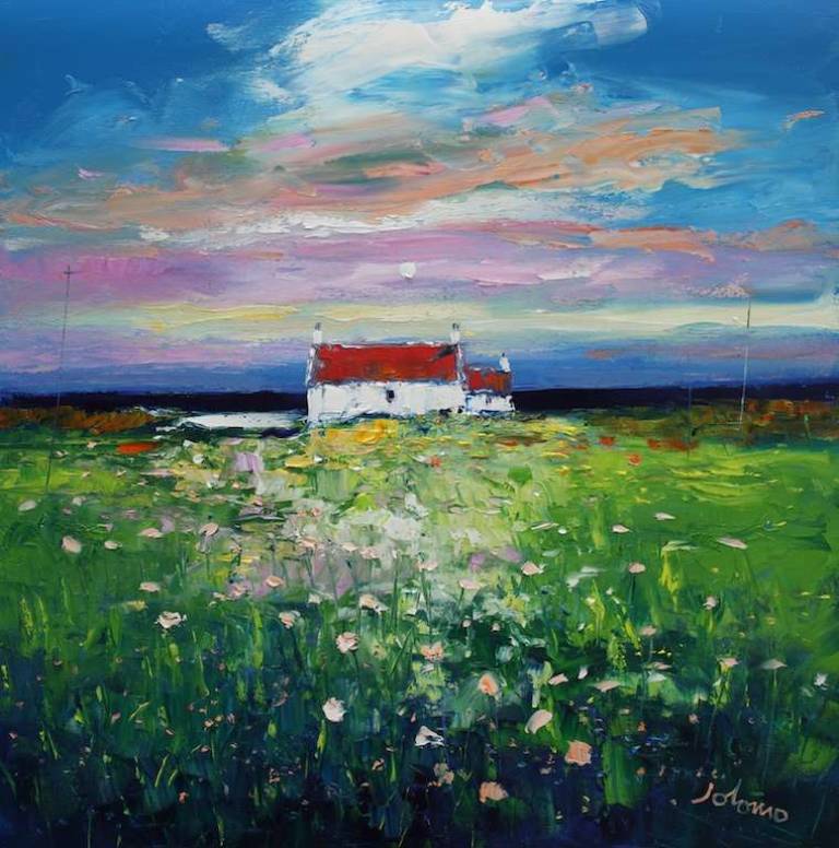 Eveninglight on a Wild Field Isle of Tiree 24x24 - John Lowrie Morrison