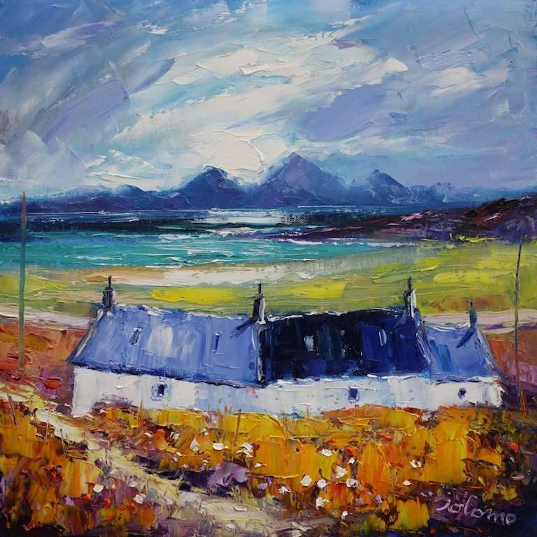 Kilmory Beach Knapdale Looking to The Paps of Jura 16x16 - John Lowrie Morrison