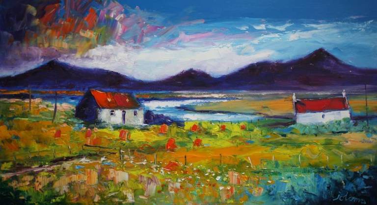 Stormy Eveninglight Looking to Ben Kenneth Uist 18x32 - John Lowrie Morrison