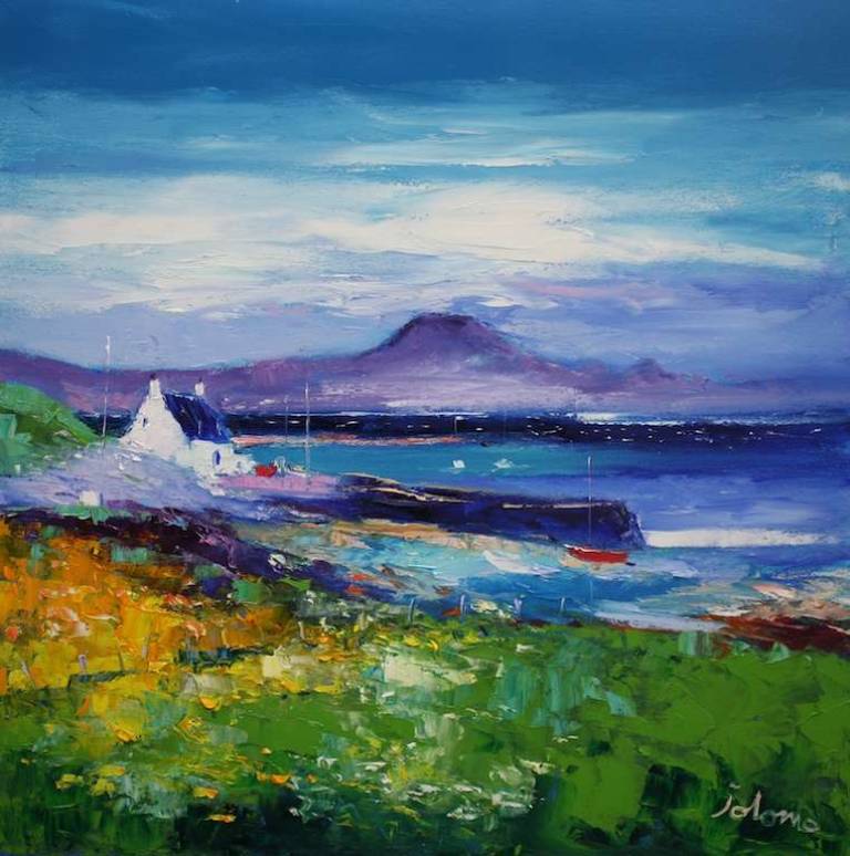 Safe Mooring Isle of Muck Looking to Ben More 24x24 - John Lowrie Morrison