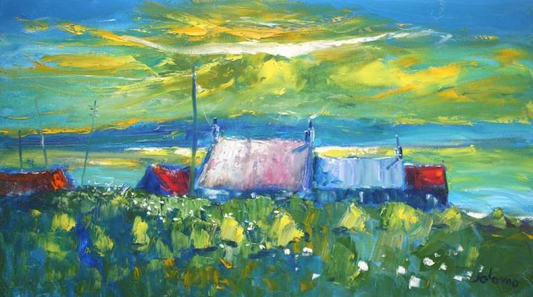 Wee haystacks in early dawnlight Iona 18x32 SOLD - John Lowrie Morrison