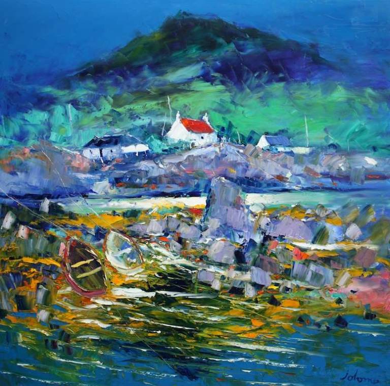 Beached boats in the rocks Portuairk 36x36 - John Lowrie Morrison