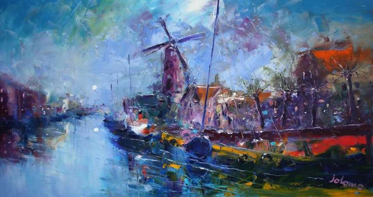 Eveninglight Windmill and Pollarded Trees Gouda Holland 16x30 - John Lowrie Morrison