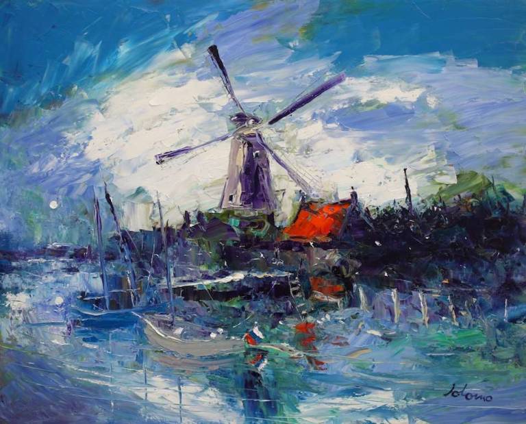A Polder Molen Misty Eveninglight Holland 24x30 - John Lowrie Morrison