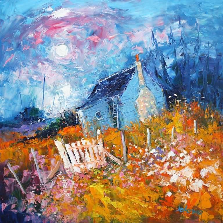 The blue hut and white gate Islay 30x30 - SOLD - John Lowrie Morrison