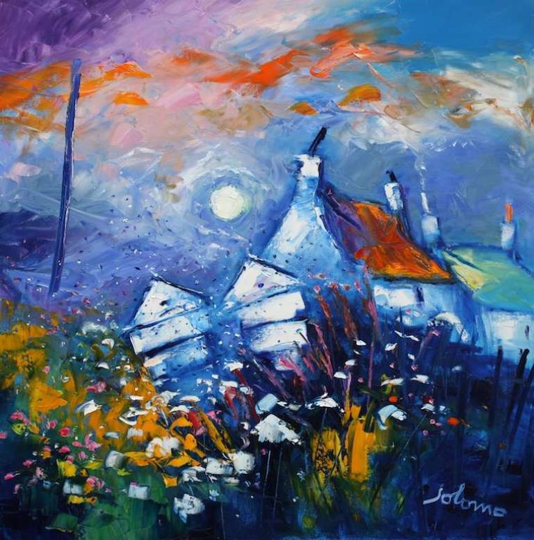 Winterlight crofts and beehives Kintyre 30x30 SOLD - John Lowrie Morrison