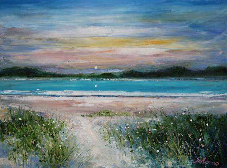 A Misty Evening Gloaming Beach Path Luskentyre Isle of Harris 18x24 - John Lowrie Morrison