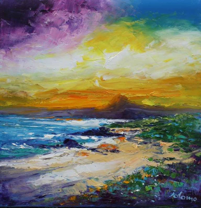 Morninglight Ben More looking from Columba's Beach Iona 16x16 - John Lowrie Morrison