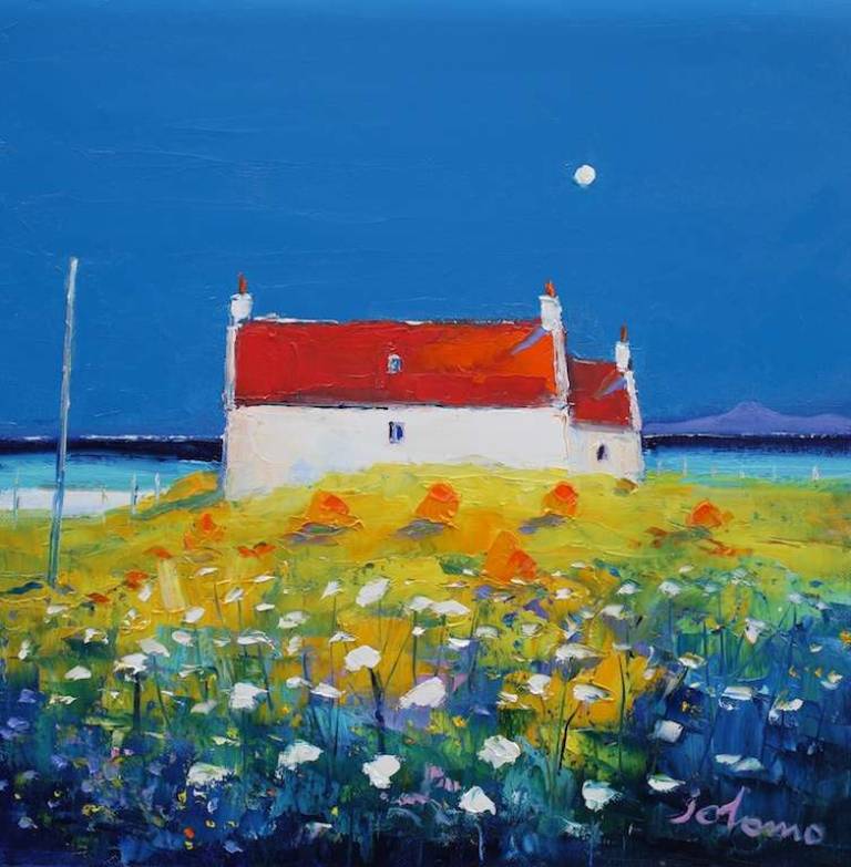 Red Roof and Haystacks Isle of Tiree Looking to Mull 16x16 SOLD - John Lowrie Morrison