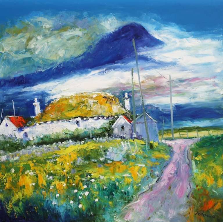 Misty Morninglight Thatched Croft Howmore South Uist 36x36 - John Lowrie Morrison
