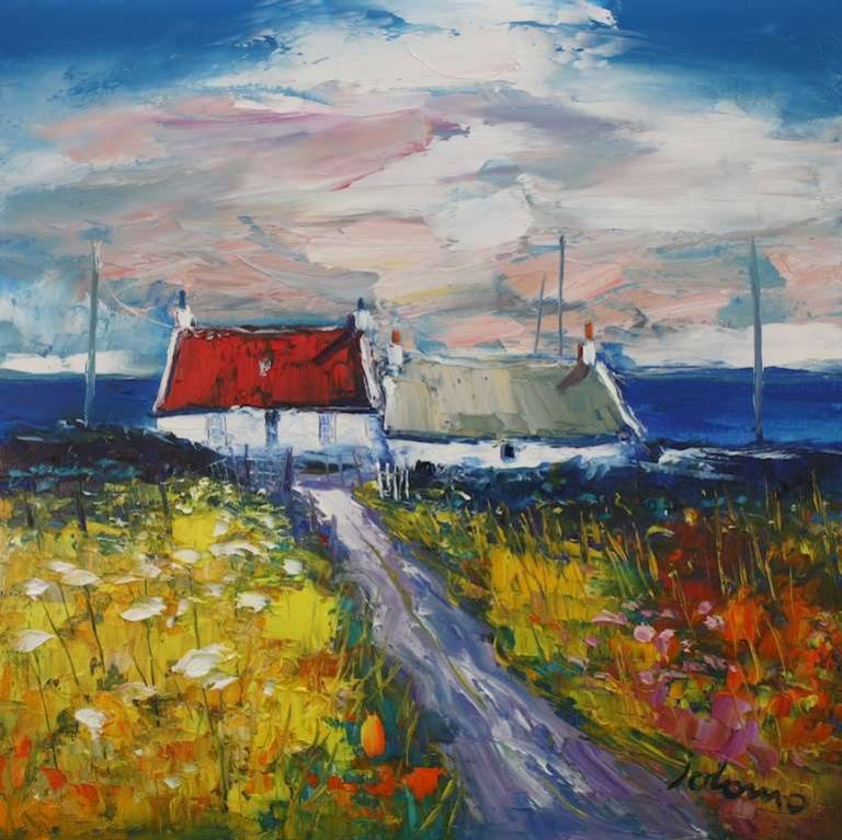 Croft Houses On The Shore West Port Kintyre 16x16 - John Lowrie Morrison