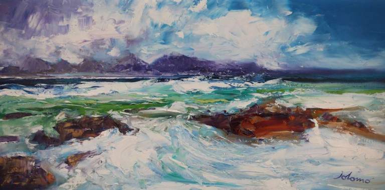 Winter Storm The Carradale Rocks looking to Arran 16x32 - John Lowrie Morrison