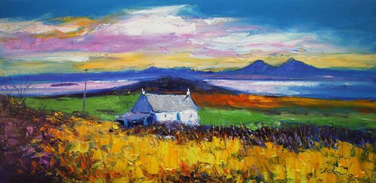 Eveninglight Doige Croft Looking to the Paps of Jura 16x32 - John Lowrie Morrison