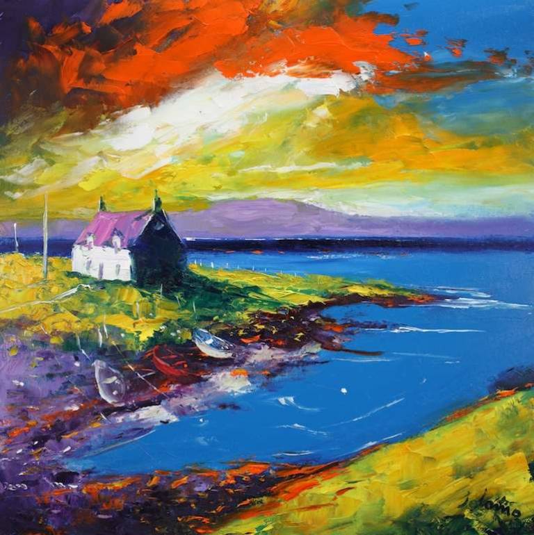 An Evening Gloaming Beached Boats Benbecula 24x24 - John Lowrie Morrison