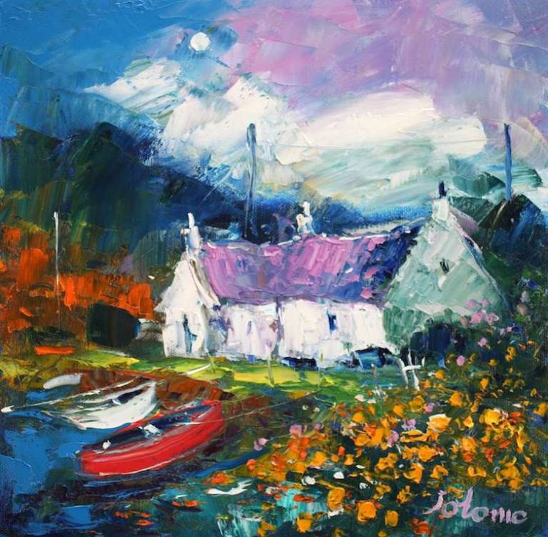 Blossoms & Beached Boats Toberonochy Luing 12x12 - John Lowrie Morrison