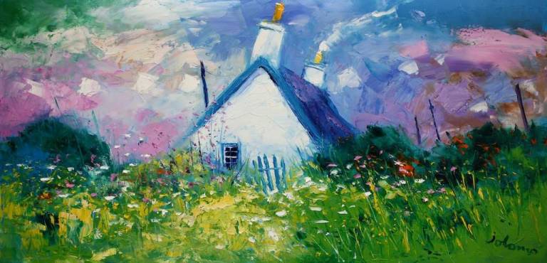 Summer Eveninglight Shop Brae Tayvallich 16x30 - John Lowrie Morrison