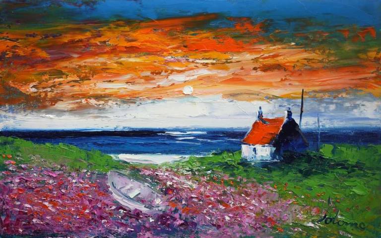 Derelict Boat In A Field Of Sea Pinks South Uist 10x16 - John Lowrie Morrison