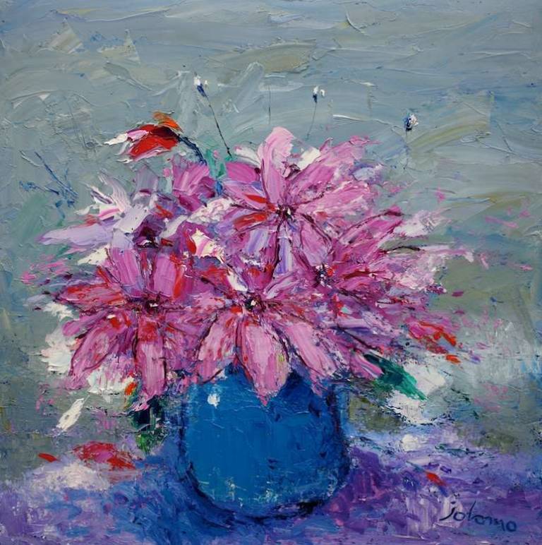 Studio Blue Vase Magenta Flowers 24x24 - John Lowrie Morrison