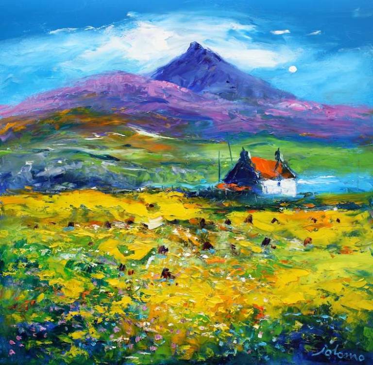 Wee Peat Stacks And Wild Machair Flowers South Uist 24x24 - John Lowrie Morrison