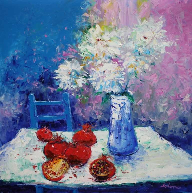 The Blue Chair With Pomegranates & Flowers 30x30 - John Lowrie Morrison